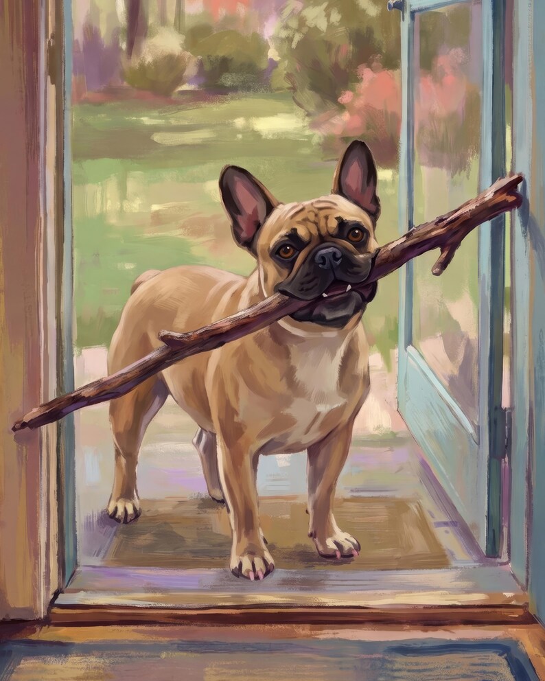 Custom Dog Portrait from Photo, Dog with a Giant Stick at the Front Door, Cottage Garden Illustration, Digital Prints, Printable Wall Art image 2