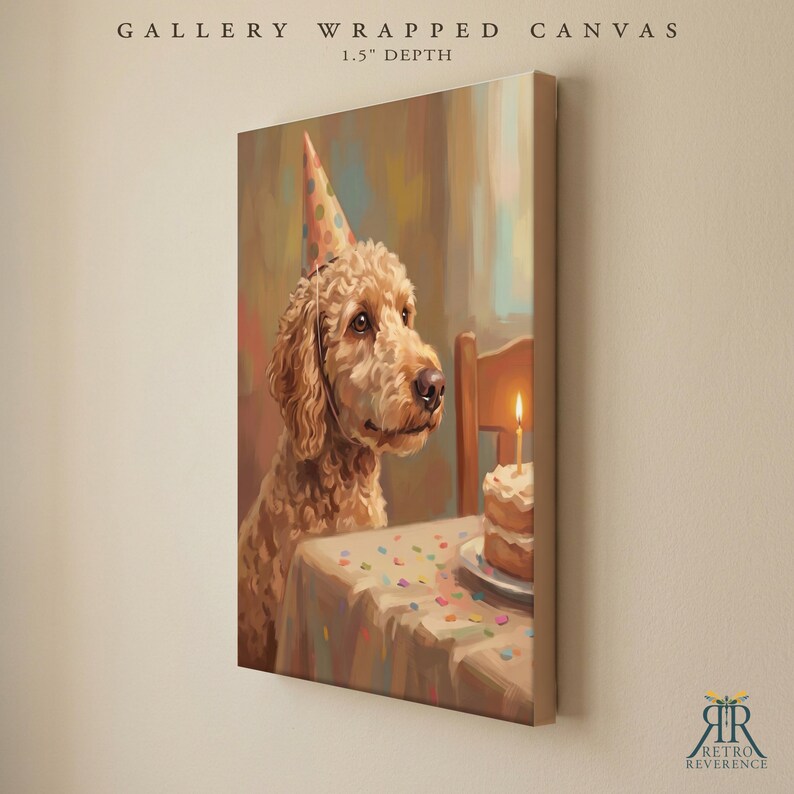 May include: A gallery wrapped canvas with a 1.5 inch depth featuring a painting of a golden-brown curly-haired dog wearing a colorful polka-dot party hat. The dog sits at a table with a birthday cake topped with a single lit candle.