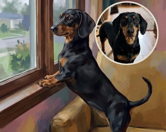 Humorous Custom Dog Portrait from Photo, Illustrated Living Room Canvas Print, Dog Canvas Wall Art, Dog at Window Art, Dog Wall Decor