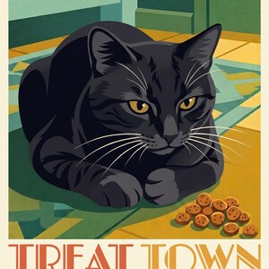 Personalized Cat Portrait from Photo, Cat and the Treat Pile Illustration, Retro Travel Poster Download, Digital Prints, Printable Wall Art image 2