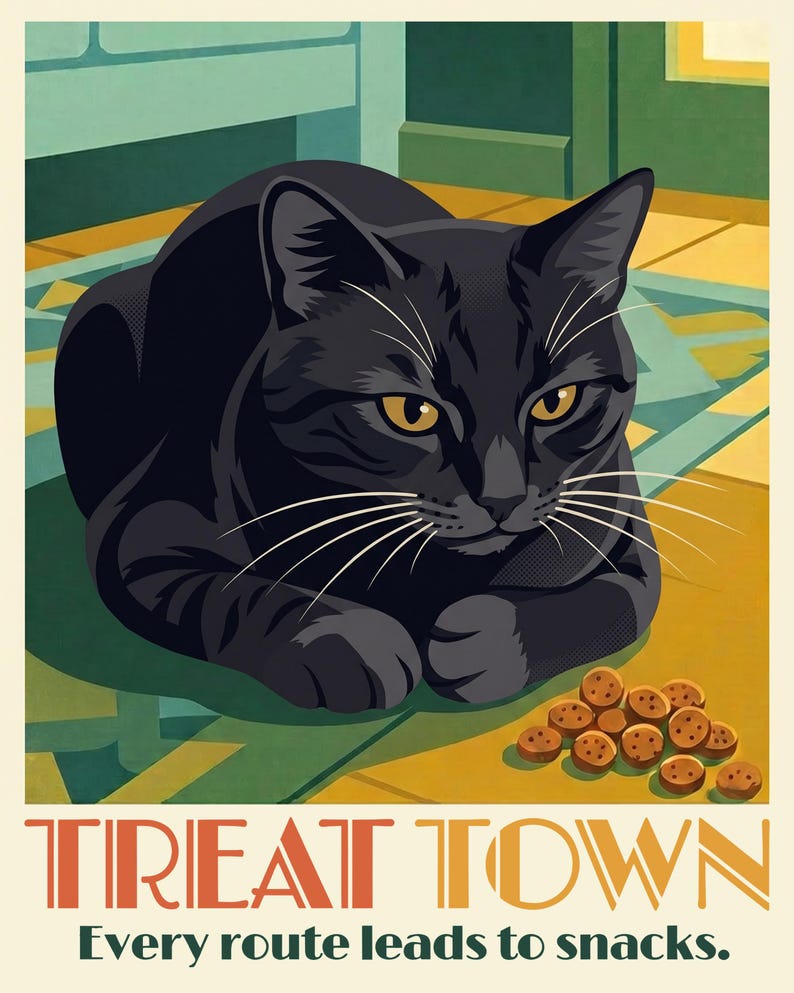 Personalized Cat Portrait from Photo, Cat and the Treat Pile Illustration, Retro Travel Poster Download, Digital Prints, Printable Wall Art image 2
