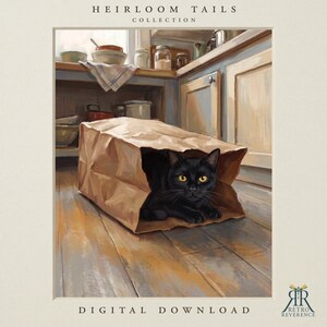May include: A digital illustration titled Heirloom Tails Collection featuring a black cat with bright yellow eyes resting inside a brown paper bag on a wooden floor in a kitchen setting with various bowls and jars visible on the shelves behind.