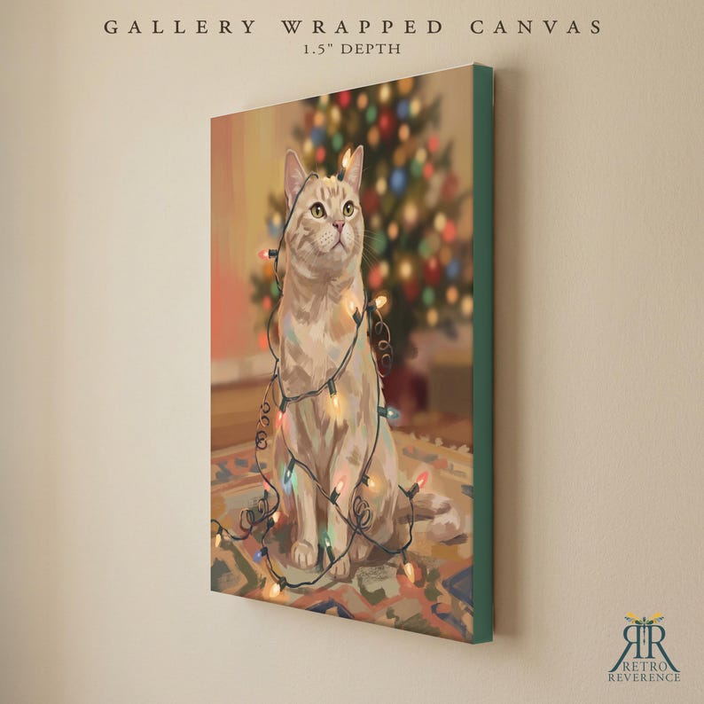 May include: A gallery wrapped canvas with a 1.5 inch depth featuring a painting of a ginger tabby cat sitting on a patterned rug. The cat is wrapped in colorful string lights with a blurred Christmas tree in the background. The text reads Gallery Wrapped Canvas 1.5 inch depth.