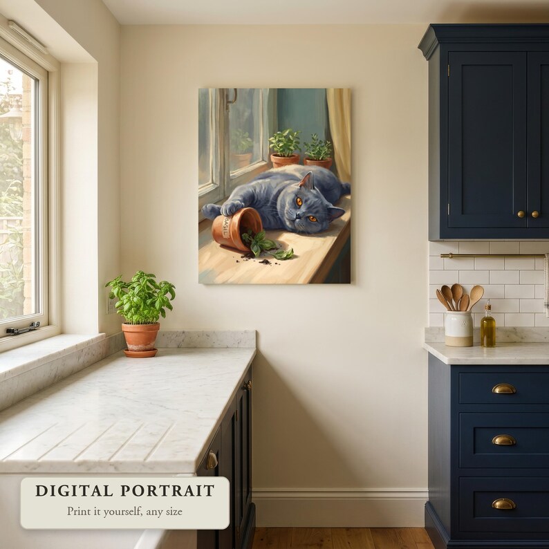 Custom cat portrait of a cat on the windowsill beside a tipped plant, hung on a wall in a kitchen, shown as a digital file you print yourself