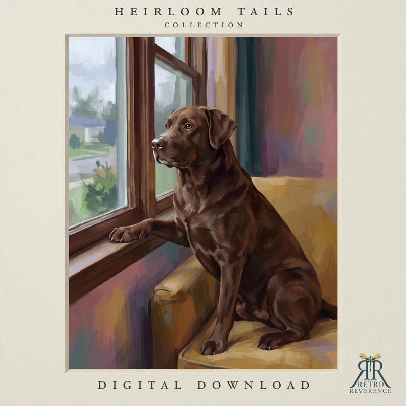 May include: A digital illustration of a chocolate Labrador retriever sitting on a yellow sofa, looking out a window. The text HEIRLOOM TAILS COLLECTION appears at the top, and DIGITAL DOWNLOAD is at the bottom. A logo for RETRO REVERENCE is in the corner.