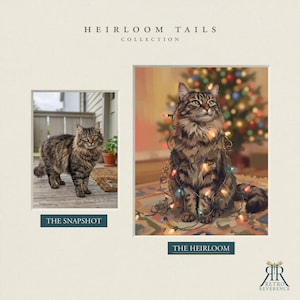 May include: A side-by-side comparison featuring a brown tabby cat on a wooden deck labeled THE SNAPSHOT and an artistic illustration of the same cat wrapped in colorful Christmas lights in front of a tree labeled THE HEIRLOOM TAILS COLLECTION.