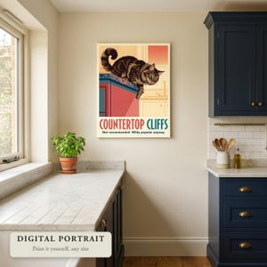 Custom cat portrait in a retro travel poster style, a cat leaping off the counter, hung on a wall in a kitchen, shown as a digital file you print yourself