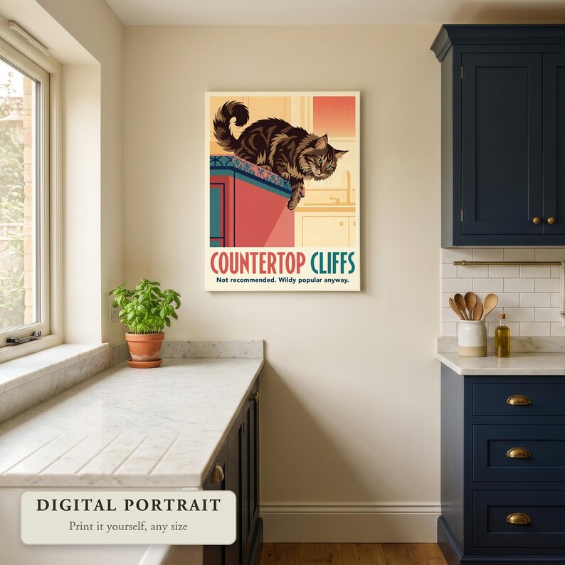 Custom cat portrait in a retro travel poster style, a cat leaping off the counter, hung on a wall in a kitchen, shown as a digital file you print yourself