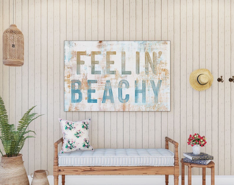 Coastal Farmhouse Wall Decor Feelin Beachy Sign, Ocean Cottage Inspirational Art Beach House Decor, Rustic Chic Seaside Summer Decor Hanging image 1