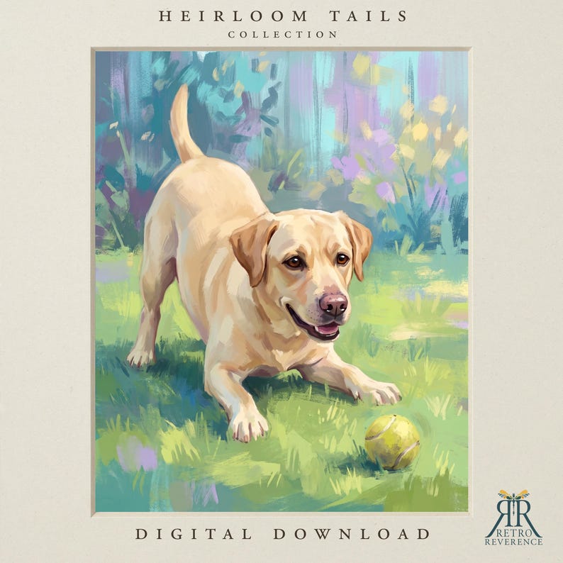 Puede incluir: Una impresi&oacute;n de arte digital titulada Heirloom Tails Collection que muestra a un Labrador retriever amarillo en postura de juego sobre hierba verde con una pelota de tenis. El texto dice Heirloom Tails Collection y Digital Download.