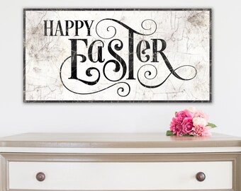 Large Happy Easter Sign, French Country Easter Decor, Black & White Neutral Spring Wall Art for Entryway Hall, Cottage Rustic Chic Print