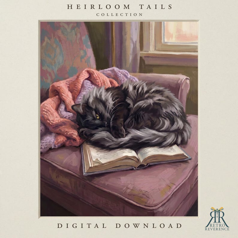 May include: A digital illustration titled Heirloom Tails Collection featuring a fluffy black cat curled up asleep on an open book resting on a mauve armchair. A textured peach and lavender blanket is draped behind the cat. Text reads Digital Download.