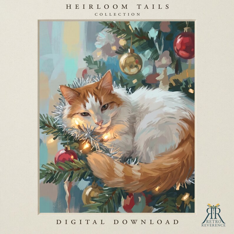 May include: A digital illustration titled Heirloom Tails Collection featuring a ginger and white cat resting in a decorated Christmas tree with red and gold ornaments, silver tinsel, and warm fairy lights. The text reads Heirloom Tails Collection.