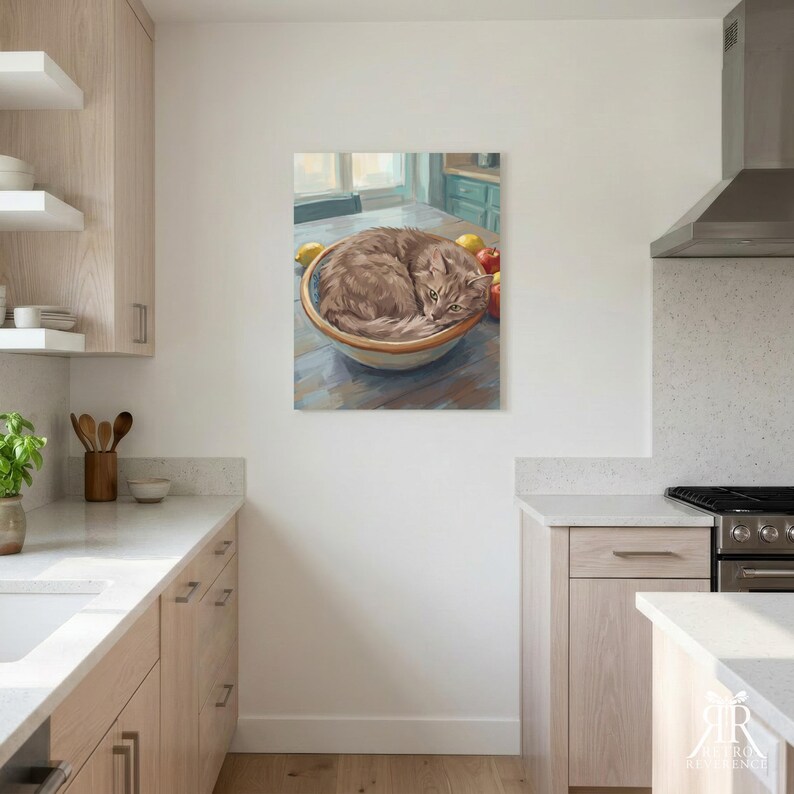 Personalized Cat Portrait from Photo, Cat Napping in a Fruit Bowl, Farmhouse Kitchen Wall Art, Animal Artwork, Art Print or Canvas image 12