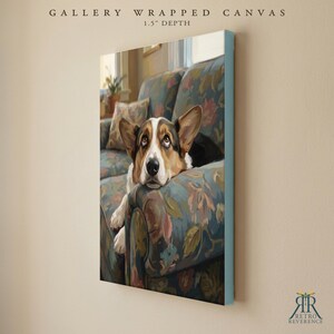 May include: A gallery wrapped canvas with a 1.5 inch depth featuring a painting of a tricolor Corgi resting its head on the arm of a floral patterned sofa. The dog has large brown eyes looking upward and white, brown, and black fur.