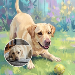 Enthusiastic Personalized Dog Portrait from Your Photo, Heirloom Garden Canvas Print, Dog Canvas Wall Art, Dog with Ball Art