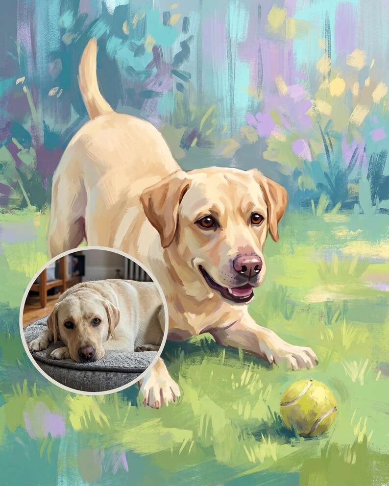 Enthusiastic Personalized Dog Portrait from Your Photo, Heirloom Garden Canvas Print, Dog Canvas Wall Art, Dog with Ball Art