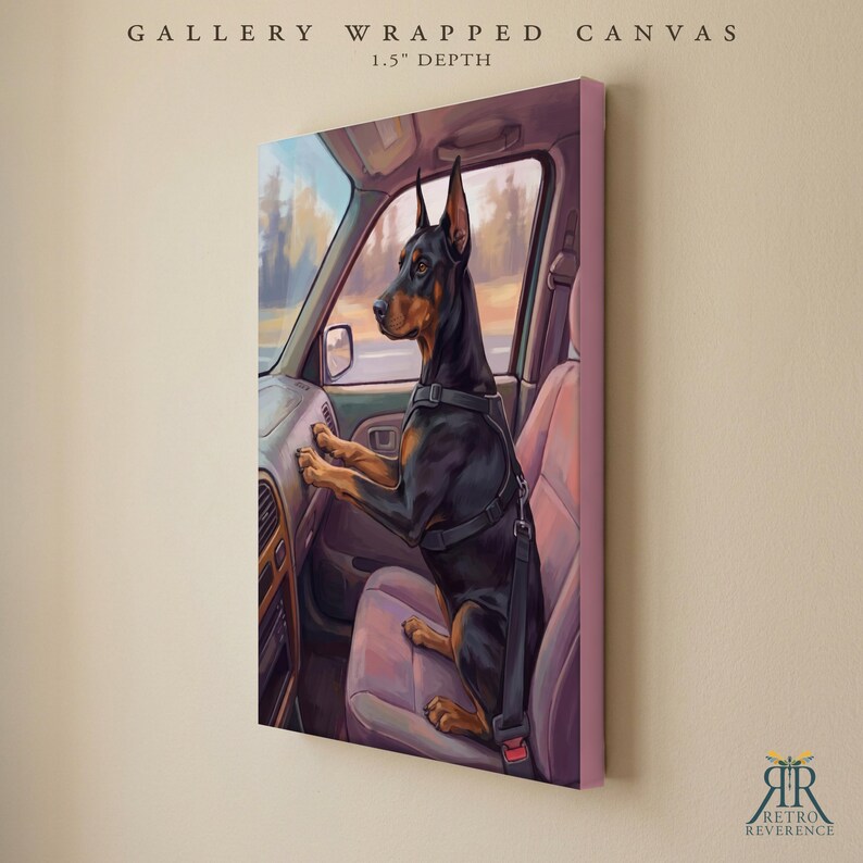 May include: A gallery wrapped canvas with 1.5 inch depth featuring a black and tan Doberman dog sitting in the passenger seat of a car, wearing a black harness and seatbelt, with the text GALLERY WRAPPED CANVAS 1.5" DEPTH at the top.