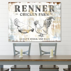 Country Chicken Farm Family Name Sign, Vintage Modern Farmhouse Wall Decor Last Name Sign, Large Rustic Chic Living Dining Room Wall Decor