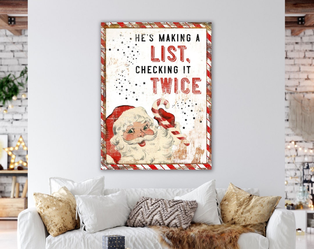 Vintage Making A List Checking It Twice Christmas Santa Wall Decor