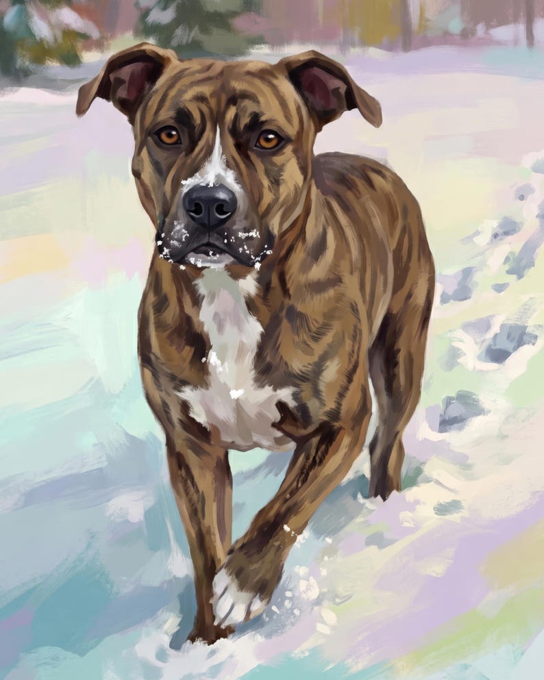 Custom Dog Portrait from Photo, Dog in Snow Art, Vintage Style Dog Illustration, Printable Wall Art, Snowy Wall Art, Custom Pet Artwork image 2