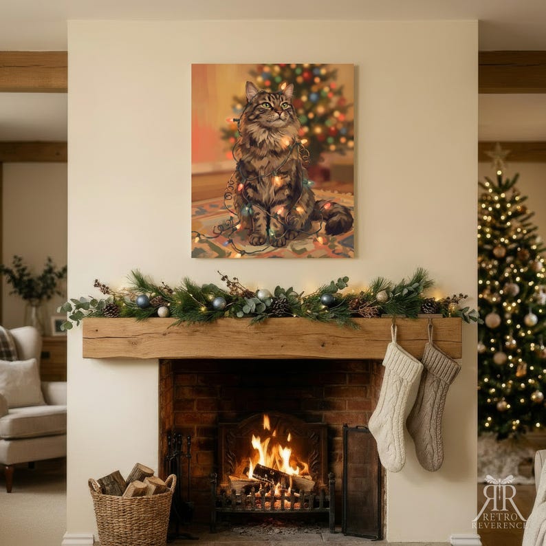 May include: A rectangular wall art print featuring a brown tabby cat sitting on a patterned rug, wrapped in colorful Christmas string lights, with a blurred, glowing Christmas tree in the background, displayed above a rustic wooden fireplace mantel.