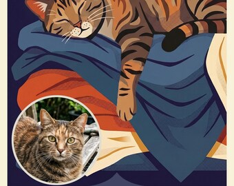 Custom Cat Portrait from Photo, Cat Asleep on the Blanket Pile Illustration, Retro Travel Poster Digital Download, Printable Wall Art