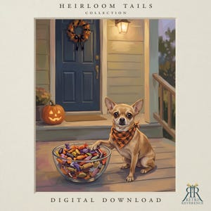 May include: A digital illustration titled Heirloom Tails Collection featuring a tan chihuahua wearing an orange and black plaid bandana. The dog sits on a porch next to a glass bowl filled with colorful candy, a jack-o'-lantern, and a dark blue door.
