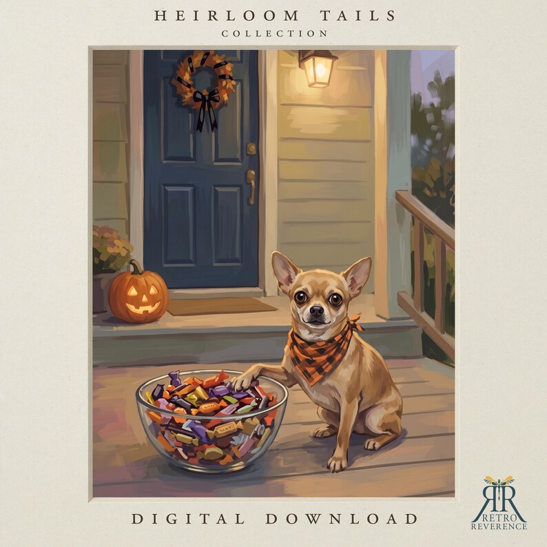 May include: A digital illustration titled Heirloom Tails Collection featuring a tan chihuahua wearing an orange and black plaid bandana. The dog sits on a porch next to a glass bowl filled with colorful candy, a jack-o'-lantern, and a dark blue door.