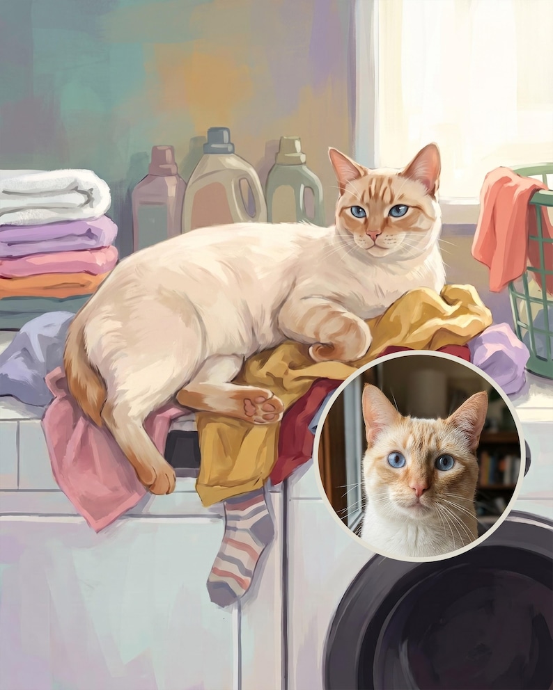 Blissful Custom Cat Portrait from Your Photo, Painterly Laundry Room Canvas Print, Cat Canvas Wall Art, Cat in Laundry Art