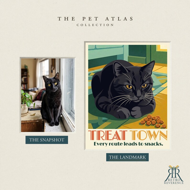 May include: A print titled The Pet Atlas Collection featuring a photograph of a black cat and a stylized illustration of the same cat. The illustration includes the text TREAT TOWN Every route leads to snacks and Retro Reverence.