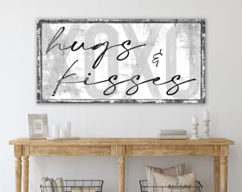 Vintage Valentine's Day Decor XOXO Hugs & Kisses Sign Black White Love Art Modern Farmhouse Canvas Print Shabby Romantic Gifts for Lovers