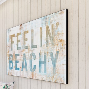 Coastal Farmhouse Wall Decor Feelin Beachy Sign, Ocean Cottage Inspirational Art Beach House Decor, Rustic Chic Seaside Summer Decor Hanging image 3