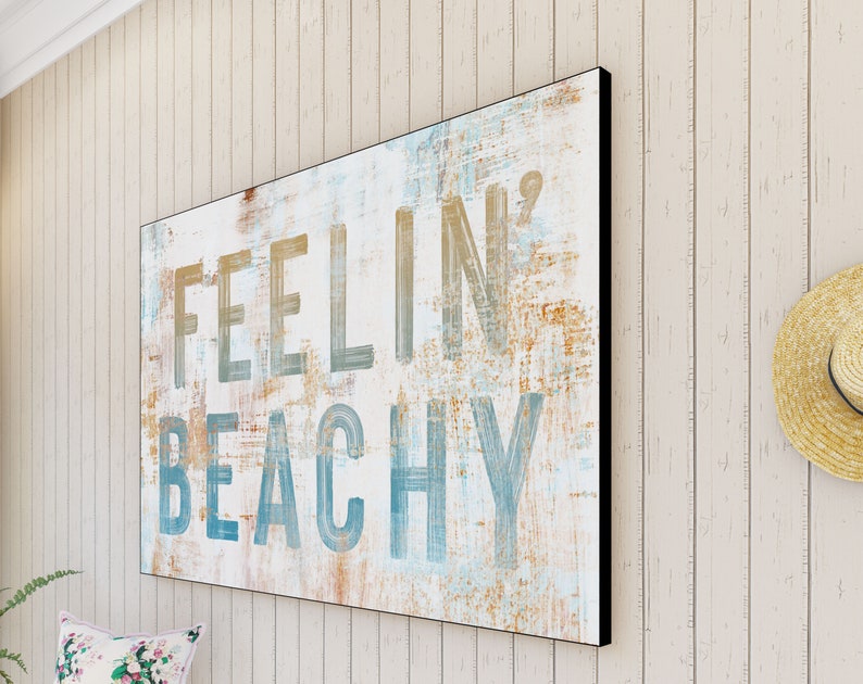 Coastal Farmhouse Wall Decor Feelin Beachy Sign, Ocean Cottage Inspirational Art Beach House Decor, Rustic Chic Seaside Summer Decor Hanging image 3