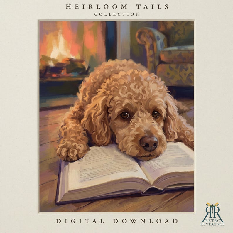 May include: A digital illustration of a curly-haired golden dog resting its chin on an open book. The text HEIRLOOM TAILS COLLECTION appears at the top, and DIGITAL DOWNLOAD is at the bottom. A small logo with the letters RR is in the corner.