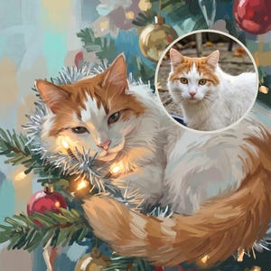 Christmas Pet Portrait from Photo, Cat in Christmas Tree Art, Custom Cat Illustration, Vintage Style Digital Download