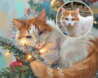 Holiday Pet Portrait from Photo, Cat in Christmas Tree Art, Custom Cat Illustration, Printable Wall Art, Xmas Decor, Above Couch Art