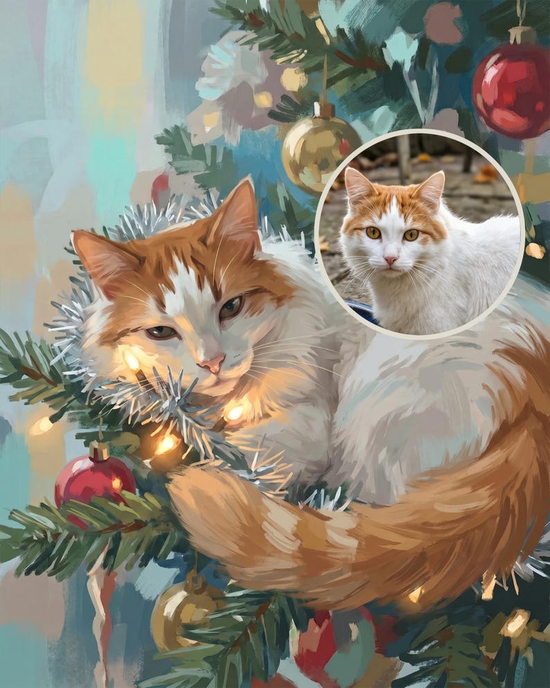 Christmas Pet Portrait from Photo, Cat in Christmas Tree Art, Custom Cat Illustration, Vintage Style Digital Download