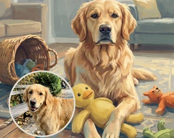 Custom Dog Portrait from Photo, Dog with Toys Art, Playroom Wall Art, Pet Illustration, Storybook Art, Baby Room Art, Printable Wall Art