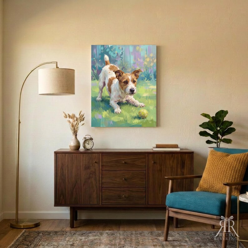 May include: A rectangular wall art print featuring a painting of a brown and white Jack Russell Terrier in a playful crouched position on a green grassy field with a yellow ball, rendered in a soft, impressionistic style with pastel colors.