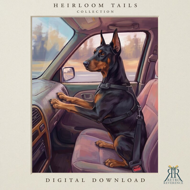 Puede incluir: Una ilustraci&oacute;n digital de un Doberman negro y fuego con un arn&eacute;s negro, sentado en el asiento del pasajero de un coche con las patas sobre el salpicadero. El texto dice Heirloom Tails Collection y Digital Download.