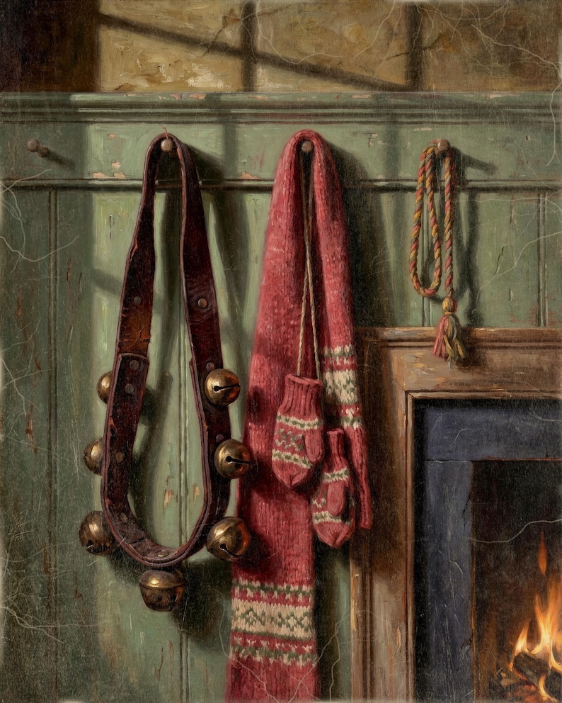 Sleigh Bells on the Door Printable Wall Art, Vintage Style Christmas Wall Decor, Holiday Entryway Decor, Americana Artwork, Hallway Art image 1