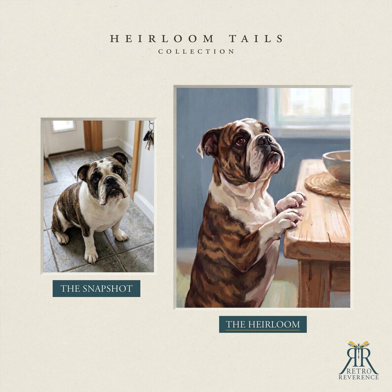 May include: A side-by-side comparison featuring a photograph labeled THE SNAPSHOT and a digital painting labeled THE HEIRLOOM, both depicting a brindle and white bulldog. The text HEIRLOOM TAILS COLLECTION appears at the top with a logo at the bottom.