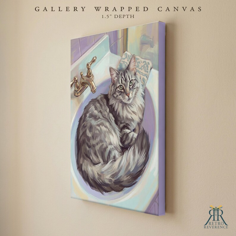 May include: A gallery wrapped canvas with a 1.5 inch depth featuring a painting of a fluffy grey tabby cat sitting inside a white bathroom sink with a gold faucet. The artwork displays the cat curled up in the basin with soft purple tones.