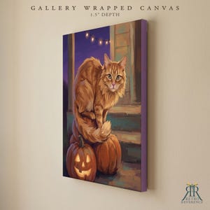 May include: A gallery wrapped canvas with a 1.5 inch depth featuring an illustration of a fluffy orange cat sitting on two pumpkins, one of which is a glowing jack-o'-lantern, set on a porch at night with string lights in the background.