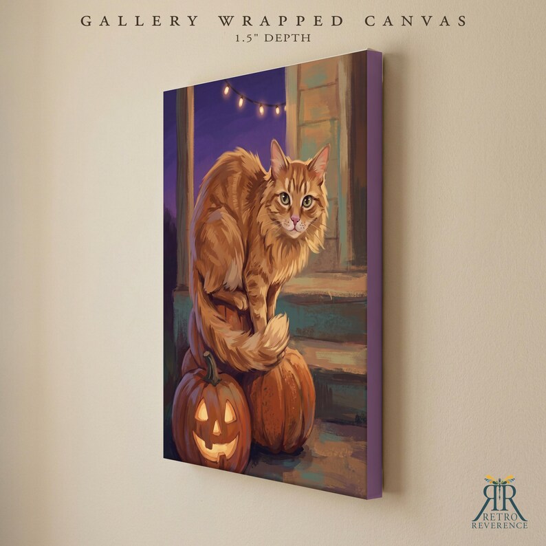 May include: A gallery wrapped canvas with a 1.5 inch depth featuring an illustration of a fluffy orange cat sitting on two pumpkins, one of which is a glowing jack-o'-lantern, set on a porch at night with string lights in the background.