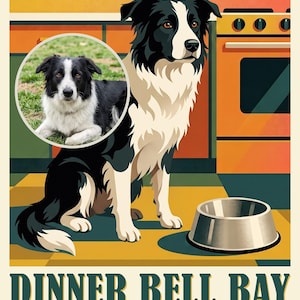 Punctual Personalized Dog Portrait from Your Photo, Empty Food Bowl Retro Travel Poster Art Digital Download