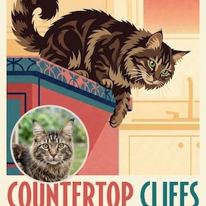 Triumphant Personalized Cat Portrait from Your Photo, Kitchen Countertop Retro Travel Poster Art Digital Download