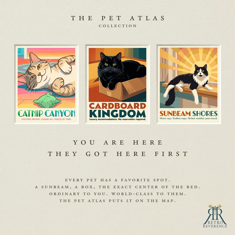 May include: A poster titled The Pet Atlas Collection featuring three illustrations of cats. The first shows a cat with a green toy labeled Catnip Canyon. The second shows a black cat in a box labeled Cardboard Kingdom. The third shows a cat in sunlight labeled Sunbeam Shores.