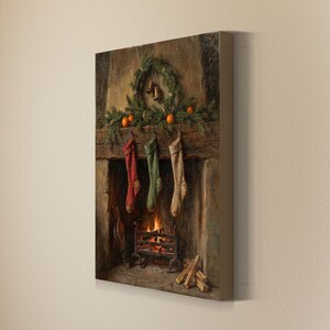 Christmas Stockings and Fireplace Wall Art, Vintage Style Holiday Decor, Rustic Wall Art, Winter Illustration, Art Print or Canvas image 4